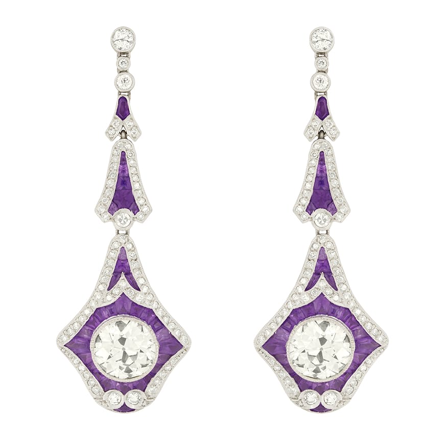 Vintage 6.00ct Diamond and Amethyst Drop Earrings, c.1950s