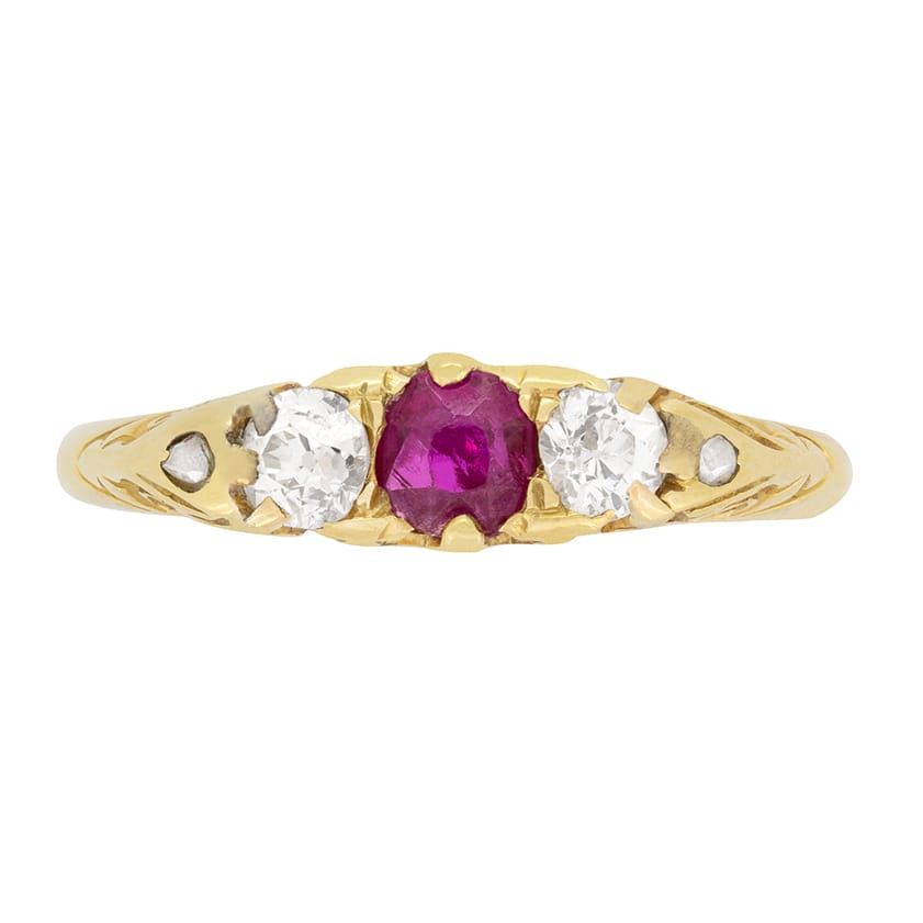 Victorian 0.20ct Ruby and Diamond Three Stone Ring, c.1880s