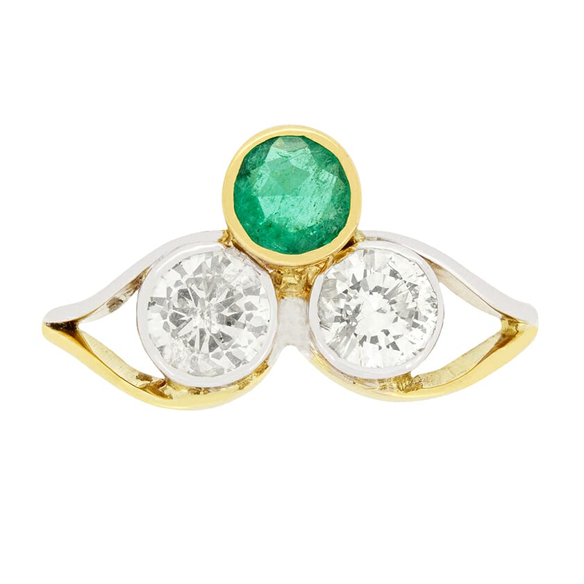 Vintage 0.80ct Diamond and Emerald Three Stone Ring, c.1980s