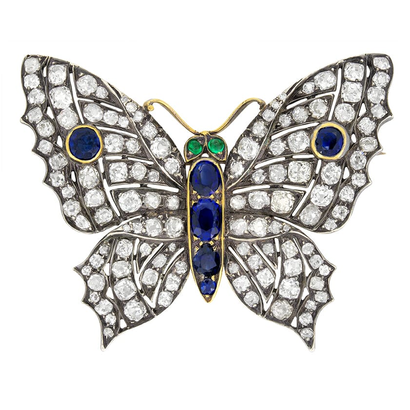 Victorian 8.00ct Diamond, Sapphire and Emerald Butterfly Brooch, c.1880s