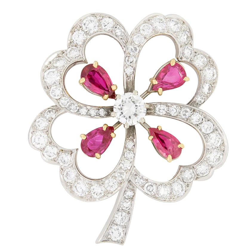 Vintage 3.00ct Diamond and Ruby Clover Brooch, c.1950s