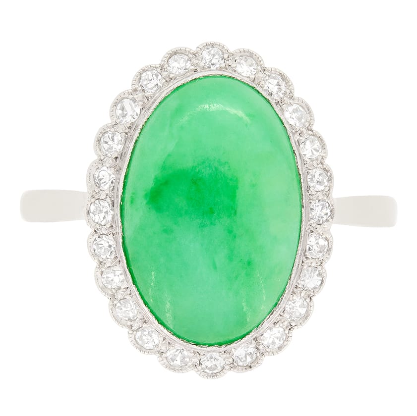 Vintage 5.00ct Jade and Diamond Halo Cluster Ring, c.1950s