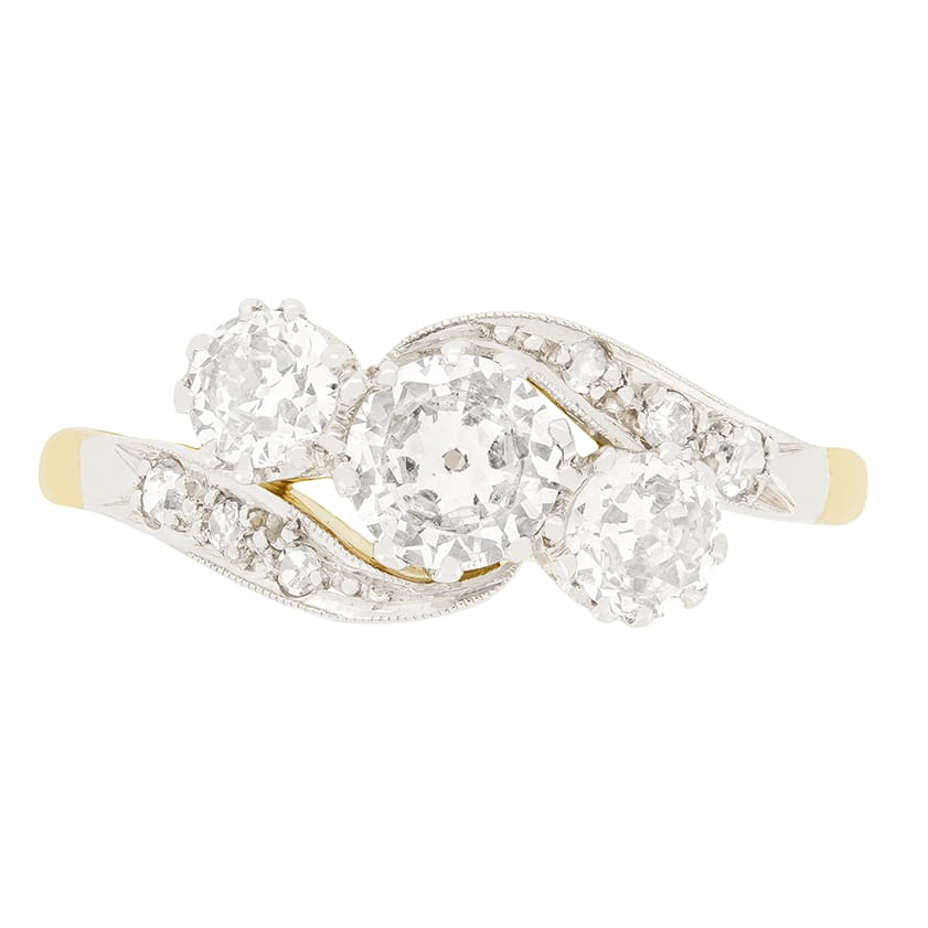 Art Deco 1.20ct Diamond Three Stone Twist Ring, c.1910s