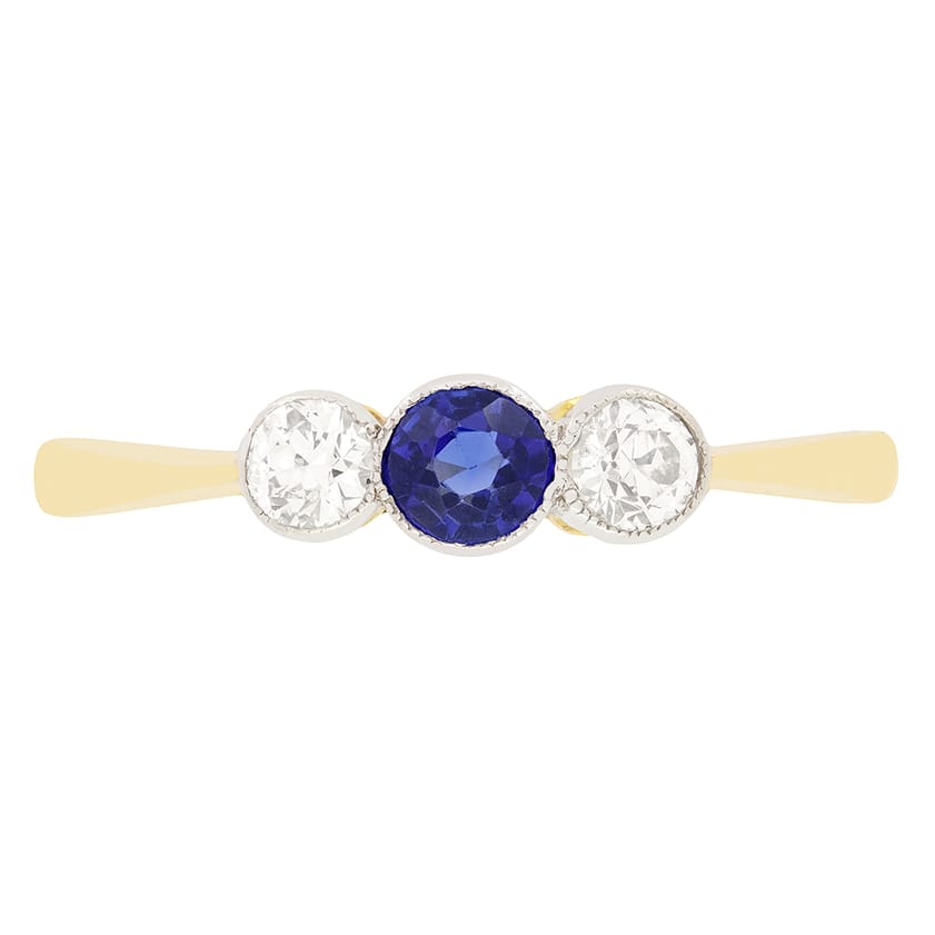 Edwardian 0.40ct Sapphire and Diamond Three Stone Ring, c.1910s