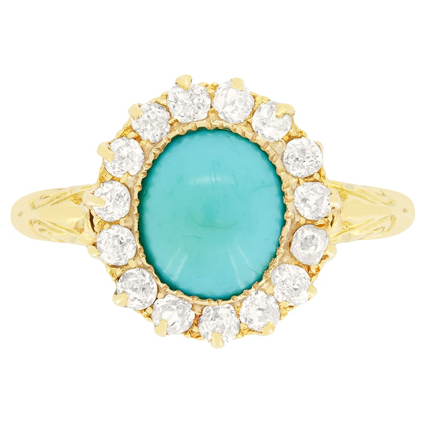 Victorian 1.75ct Turquoise and Diamond Halo Cluster Ring, 1880s