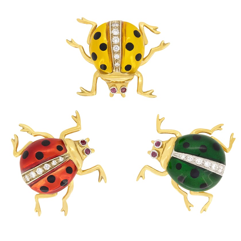 Vintage Diamond and Ruby Lady Bird Brooch Set, c.1970s