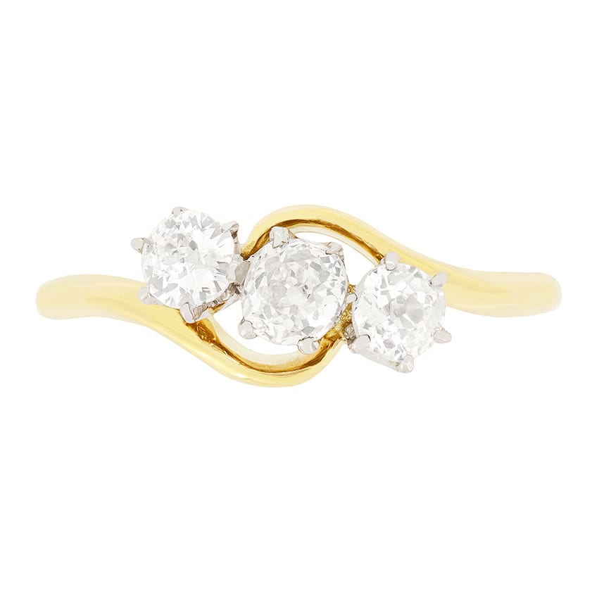 Edwardian 0.85ct Diamond Three Stone Twist Ring, c.1910s