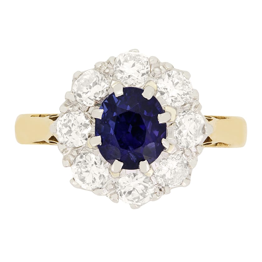 Edwardian 1.35ct Sapphire and Diamond Cluster Ring, c.1910s