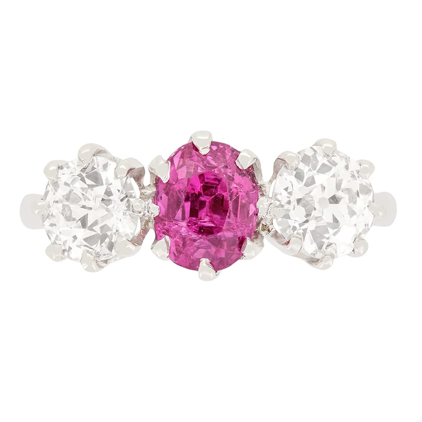Art Deco 1.50ct Pink Sapphire and Diamond Trilogy Ring, c.1920s