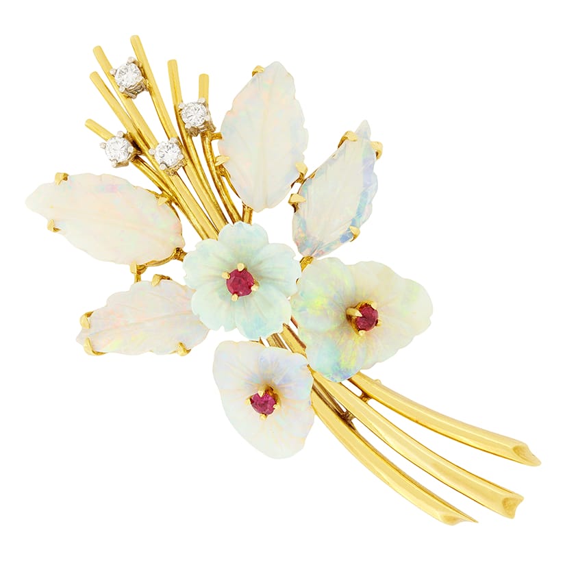 Vintage Opal, Ruby and Diamond Brooch, hallmarked 1967