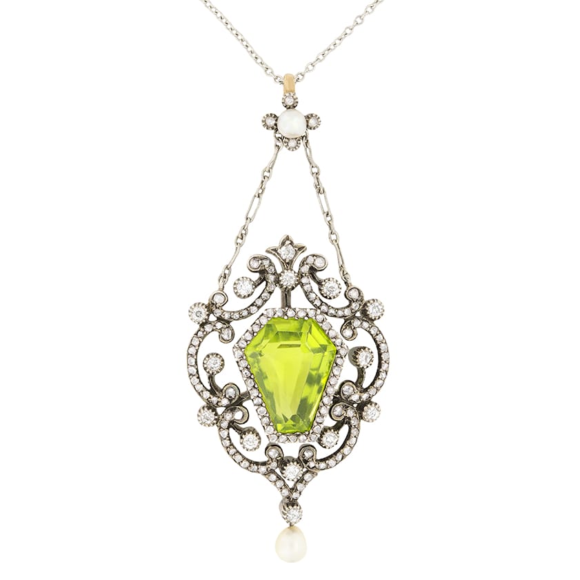 Victorian 6.50ct Peridot, Diamond and Pearl Necklace, c.1880s