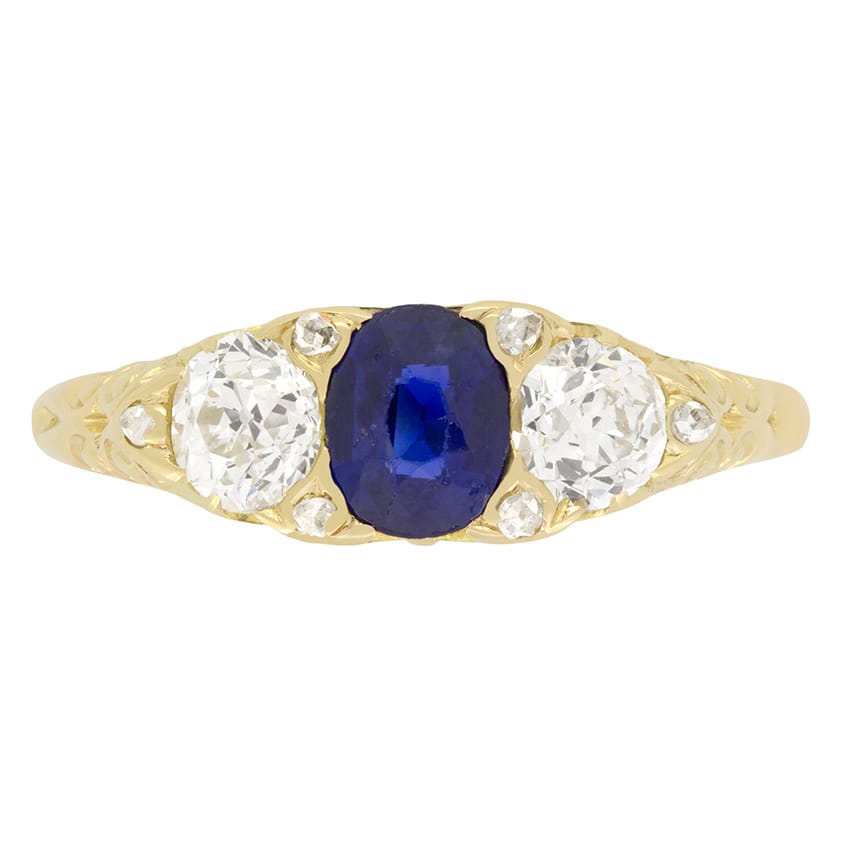 Victorian 0.60ct Sapphire and Diamond Three Stone Ring, c.1880s