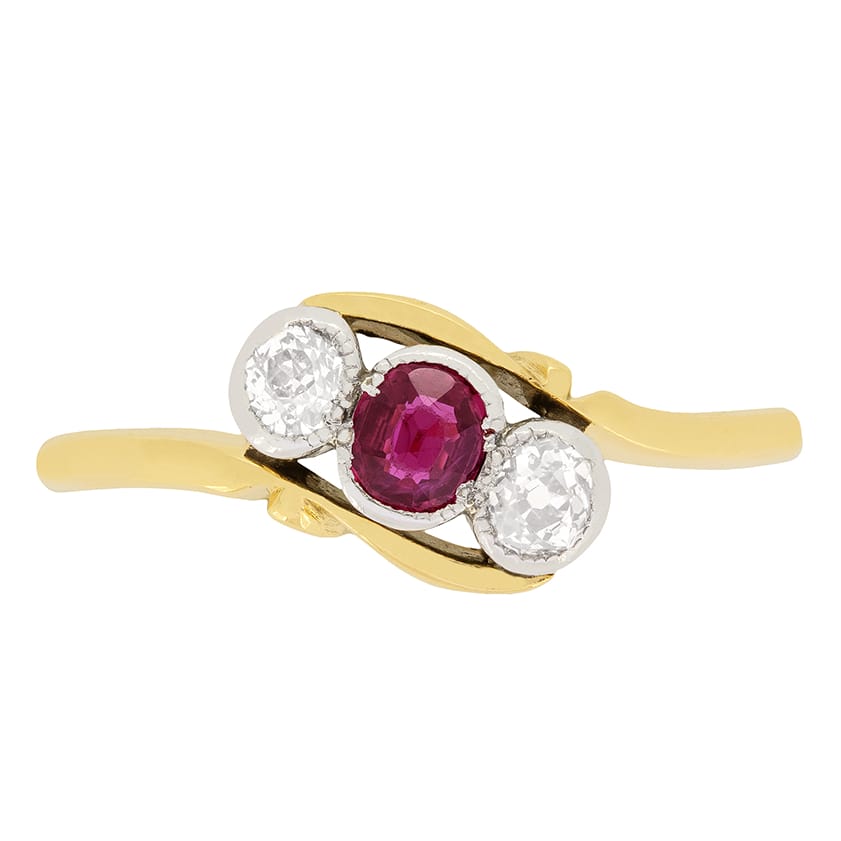 Edwardian 0.25ct Ruby and Diamond Three Stone Twist Ring, c.1910s