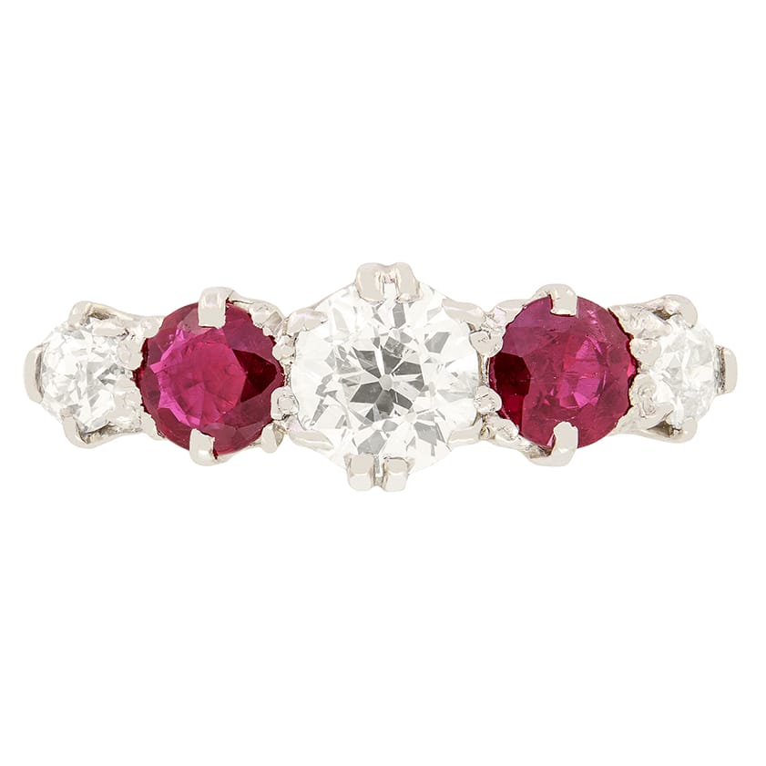 Edwardian 0.95ct Diamond and Ruby Five Stone Ring, c.1910s