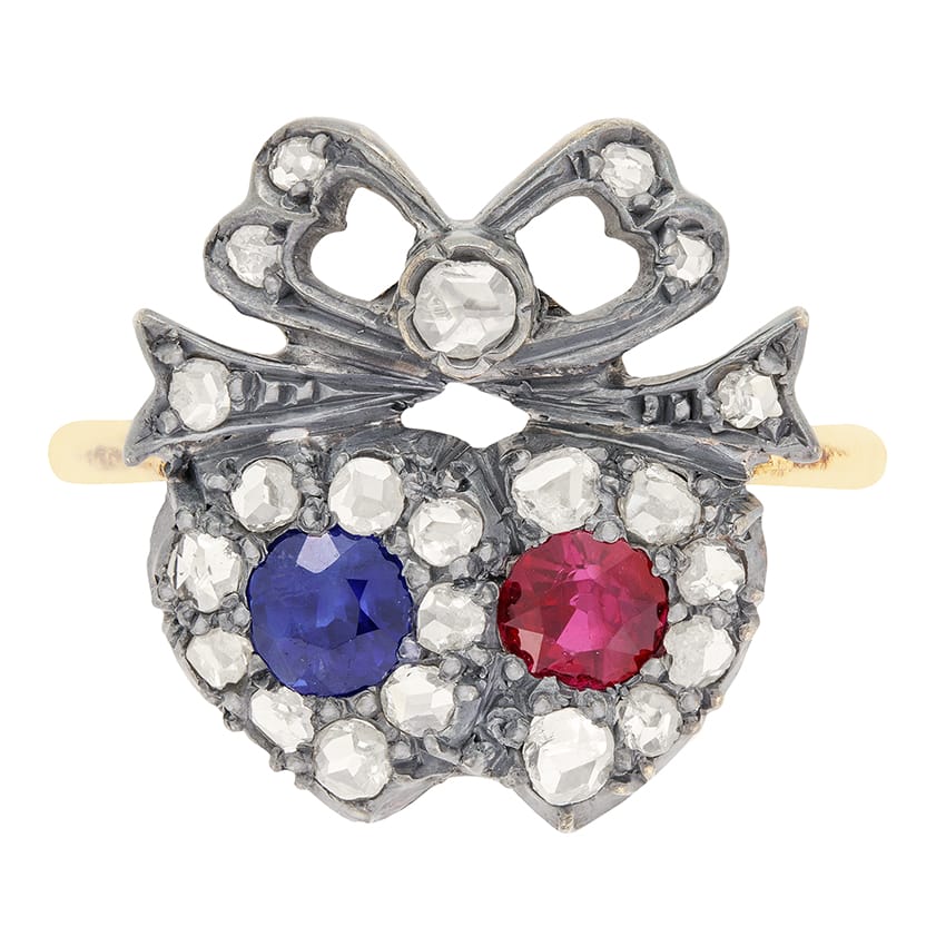 Victorian 0.35ct Sapphire and Ruby Double Heart Ring, c.1880s