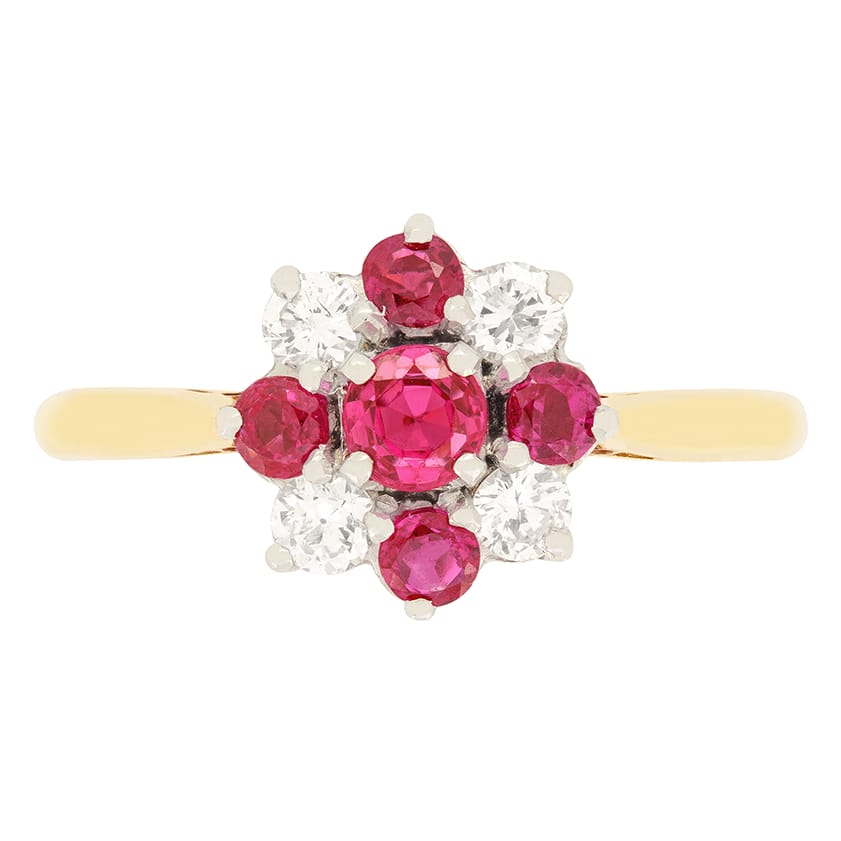 Vintage 0.40ct Ruby and Diamond Cluster Ring, c.1940s