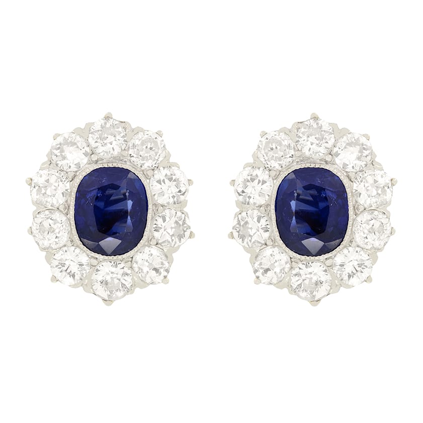 Edwardian 2.00ct Sapphire and Diamond Cluster Earrings, c.1910s