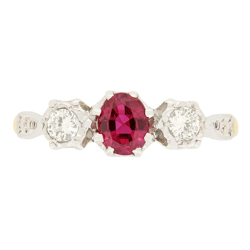 Vintage 0.40ct Ruby and Diamond Three Stone Ring, c.1950s
