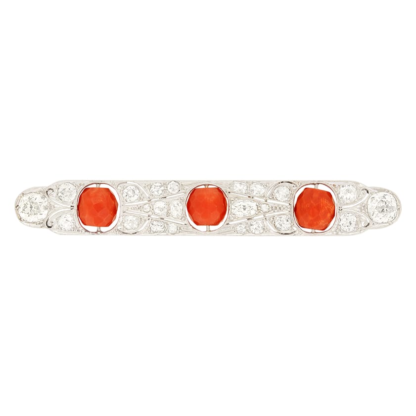 Art Deco, 3.50ct Diamond and Coral Brooch, c.1920s