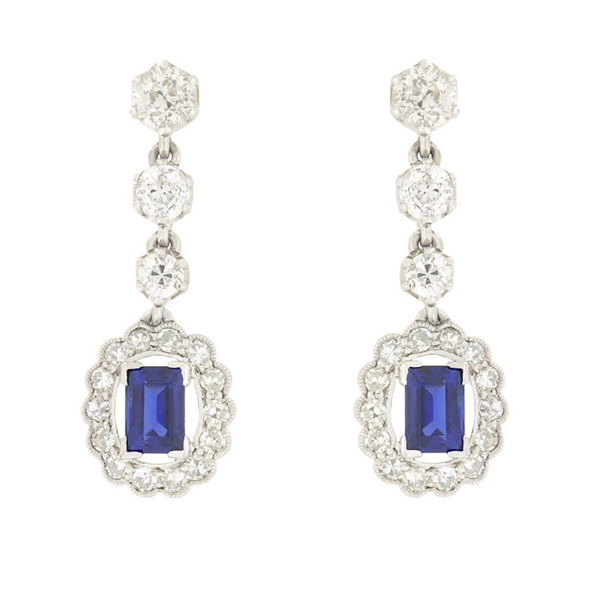 Art Deco 1.00ct Sapphire and Diamond Drop Earrings, c.1920s