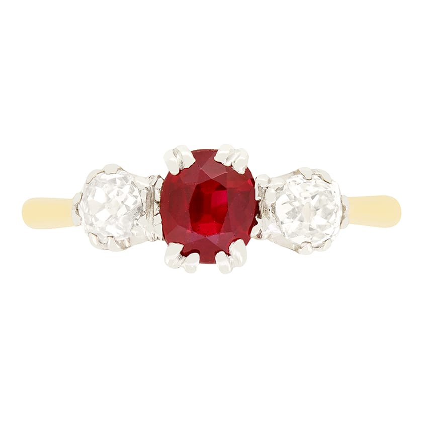 Edwardian 0.80ct Ruby and Diamond Three Stone Ring, c.1910s