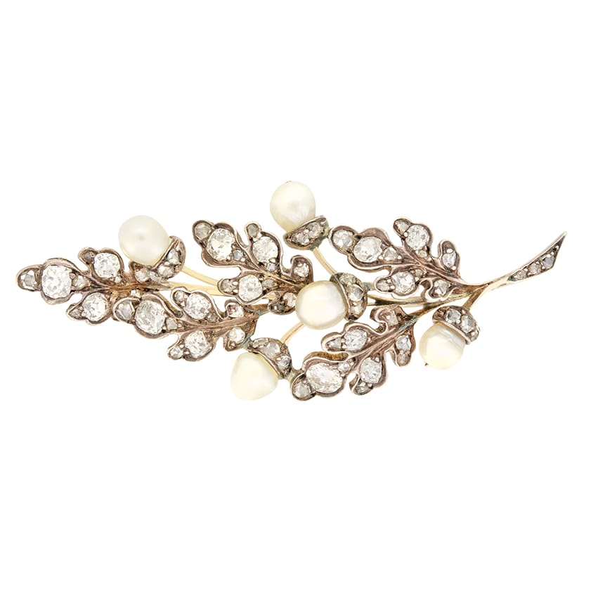 Victorian 1.70ct Diamond Acorn and Oak Leaf Brooch, c.1880s