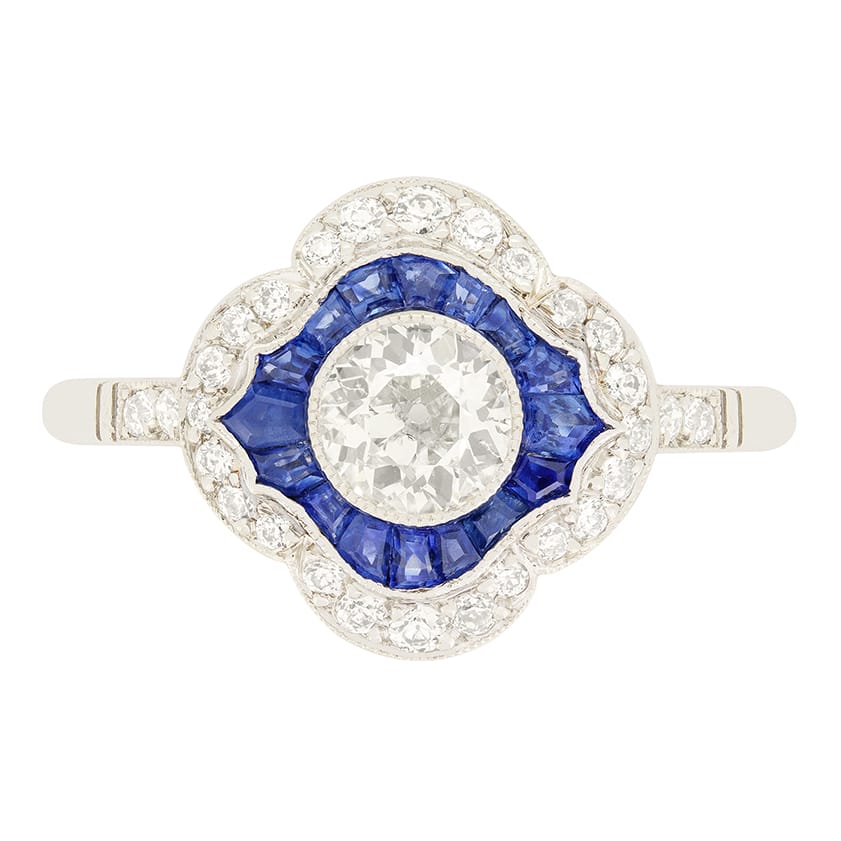 Late Deco 0.60ct Diamond and Sapphire Target Ring, c.1940s