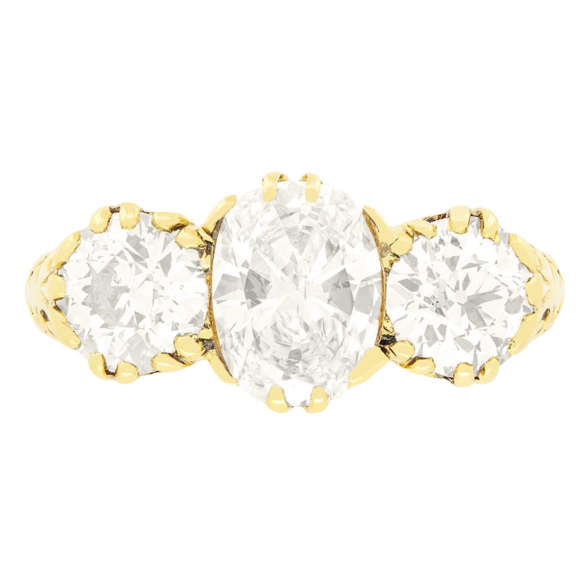 Victorian 3.50ct Diamond Three Stone Carved Head Ring, c.1880s