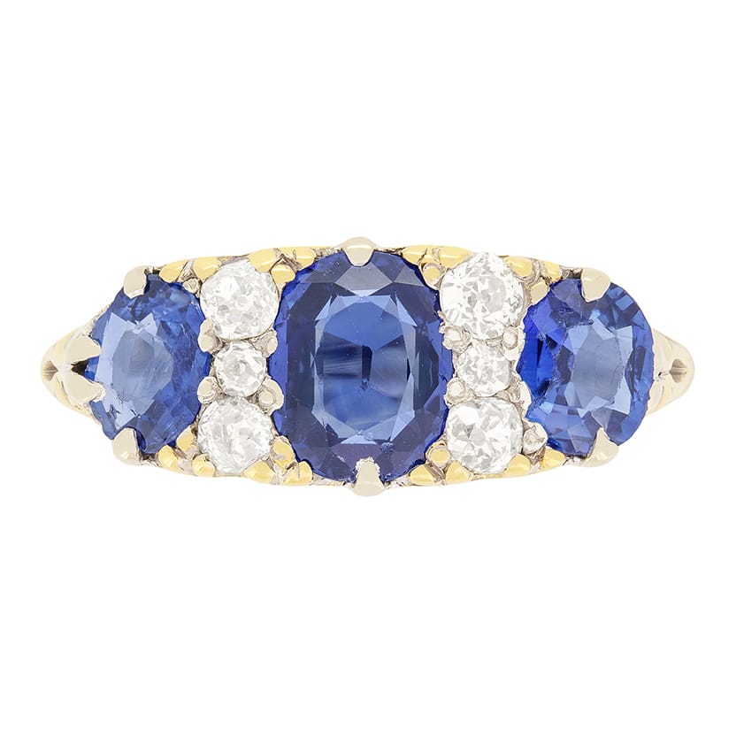 Victorian 1.90ct Sapphire and Diamond Carved Shank Ring, c.1880s