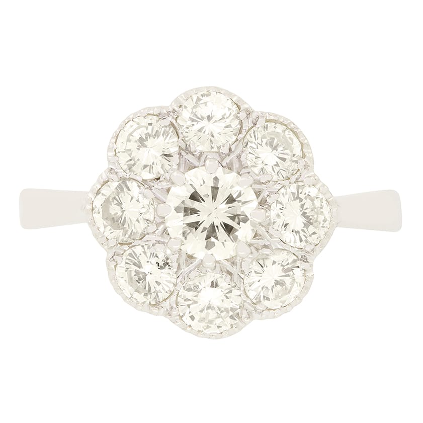 Vintage 1.60ct Diamond Daisy Cluster Ring, c.1950s