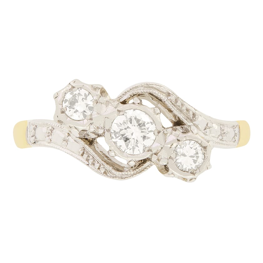 Vintage 0.40ct Diamond Three Stone Twist Ring, c.1950s