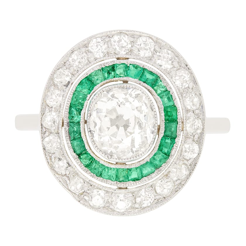 Art Deco 0.80ct Diamond and Emerald Target Ring, c.1920s