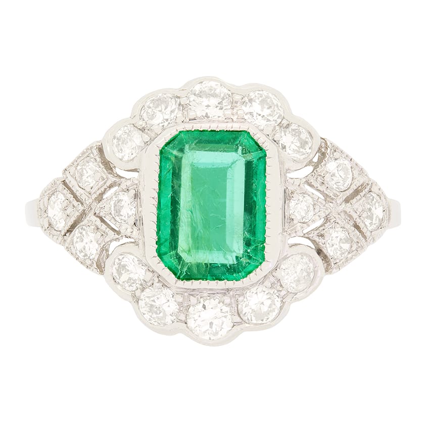 Vintage 1.35ct Emerald and Diamond Cluster Ring, c.1970s