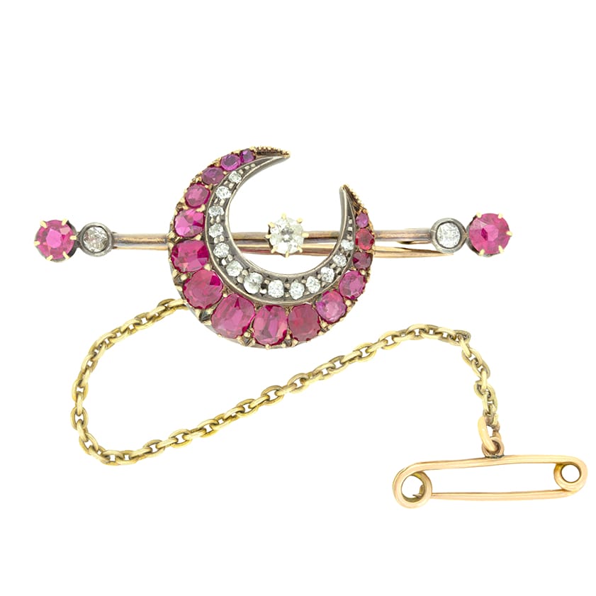 Victorian 2.60ct Ruby and Diamond Crescent Moon Brooch, c.1880s
