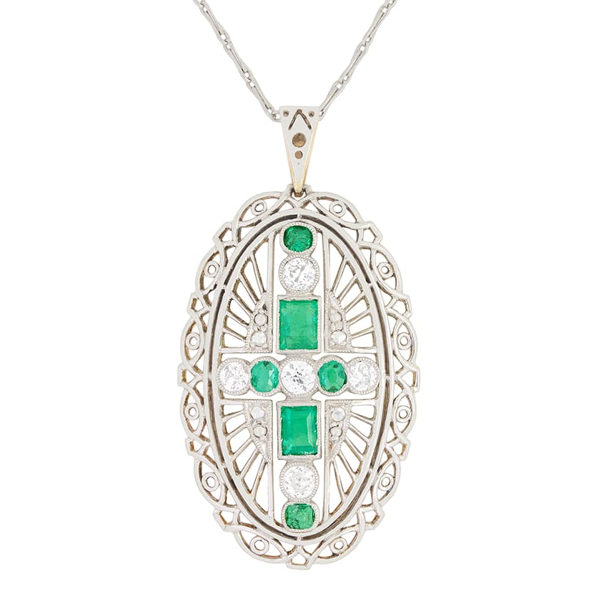 Edwardian 1.20ct Emerald and Diamond Pendant, c.1910s
