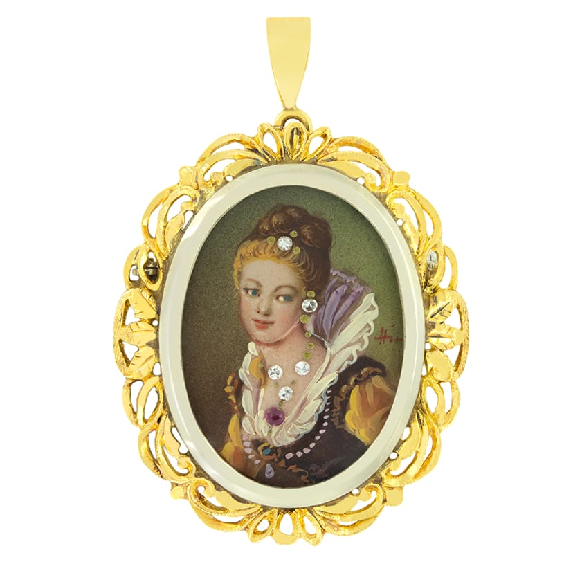 Vintage Diamond and Ruby Portrait Pendant, Hallmarked 1981
