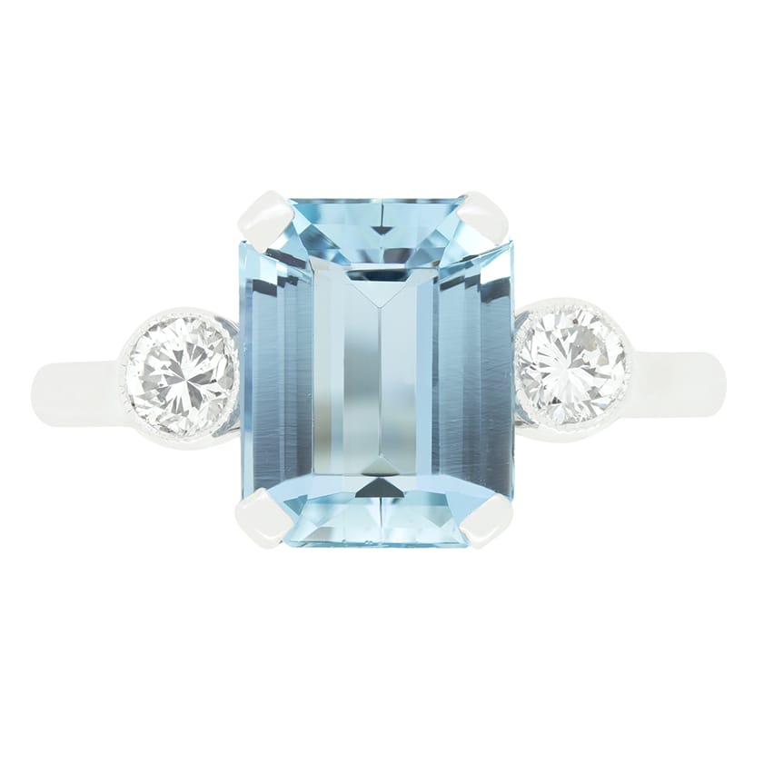 Vintage 2.15ct Aquamarine and Diamond Trilogy Ring, c.1940s