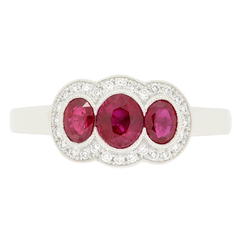 Contemporary 0.60ct Ruby and Diamond Three Stone Cluster Ring