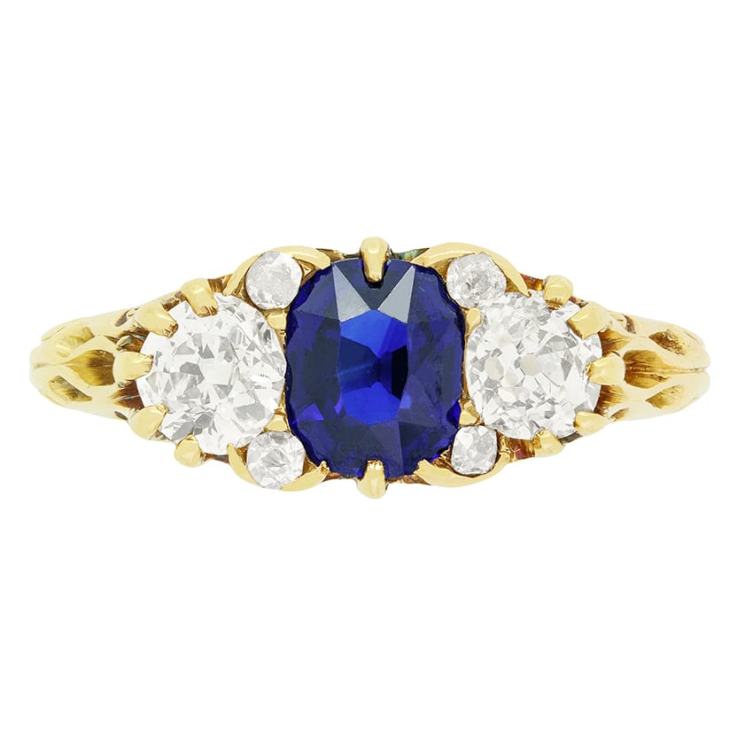 Victorian 1.00ct Sapphire and Diamond Three Stone Ring, c.1880s
