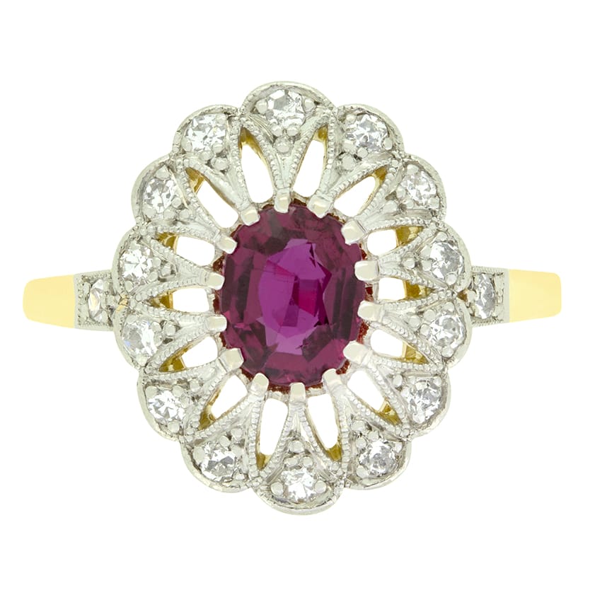Late Deco 0.60ct Ruby and Diamond Cluster Ring, c.1930s