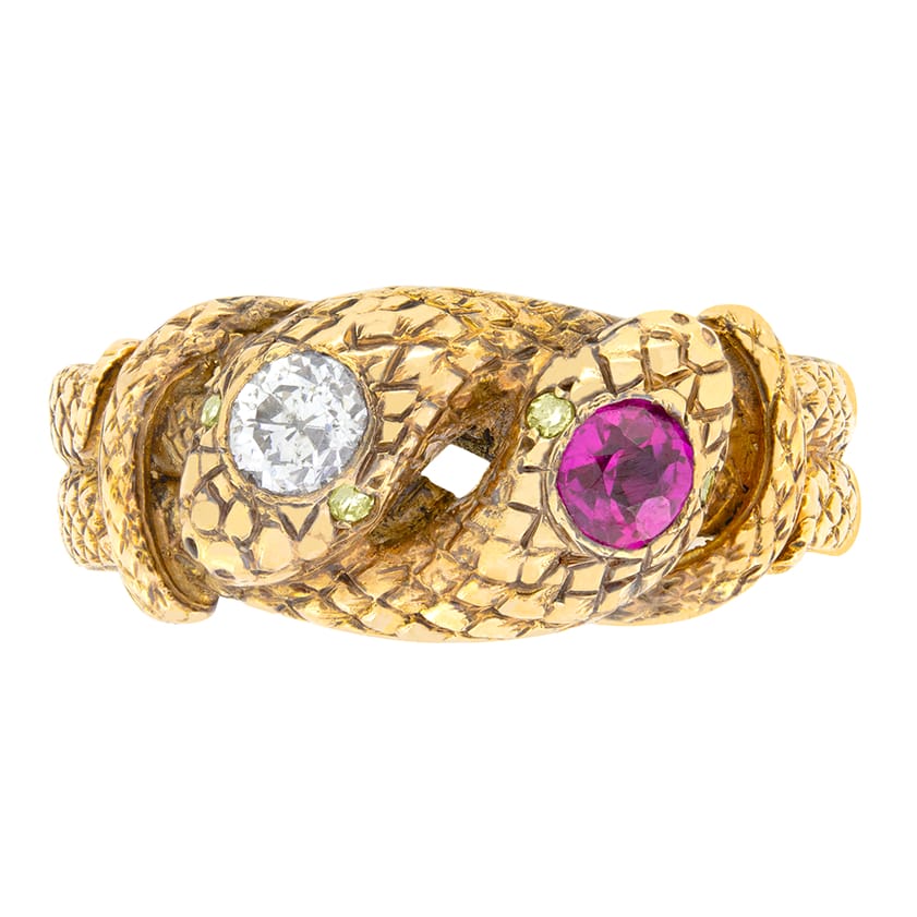 Late Victorian 0.25ct Diamond and Ruby Snake Ring, c.1880s