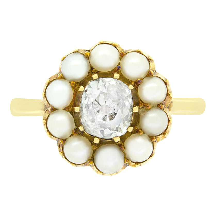 Victorian 0.60ct Diamond and Pearl Cluster Ring, c.1880s