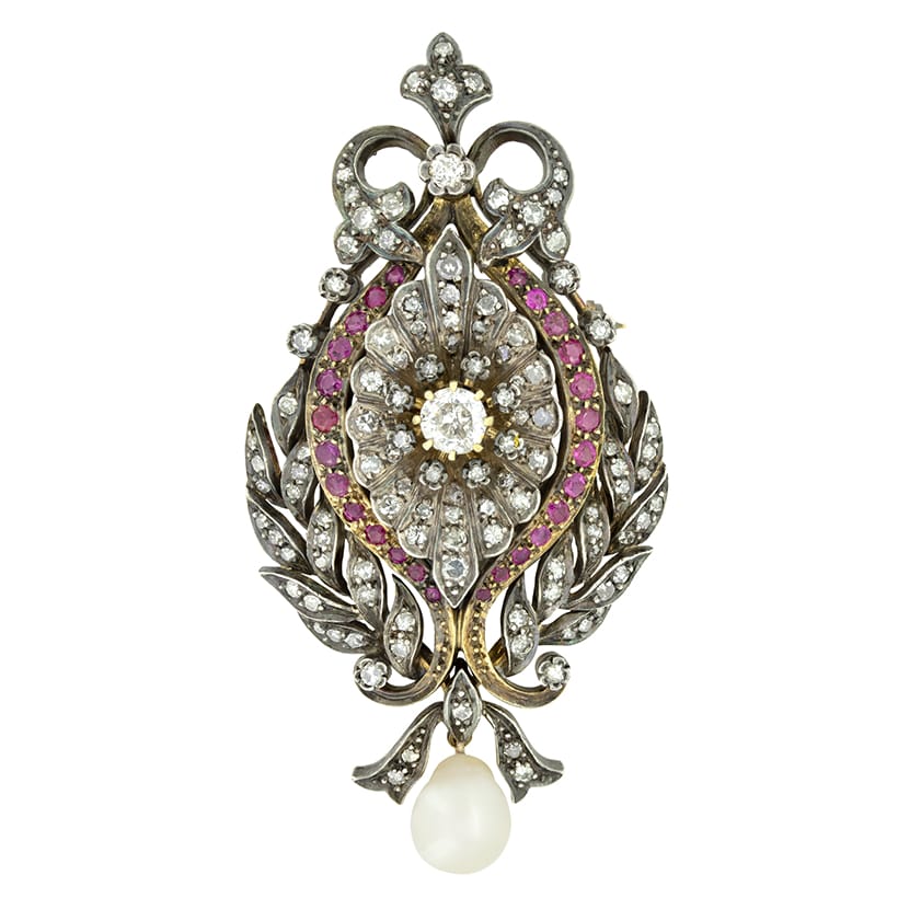 Victorian 2.30ct Diamond Ruby and Pearl Brooch Pendant, c.1900s