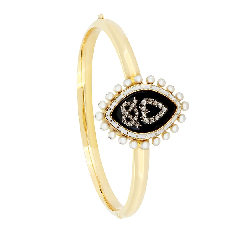 Victorian 0.27ct Diamond and Pearl Mourning Bangle, c.1860s