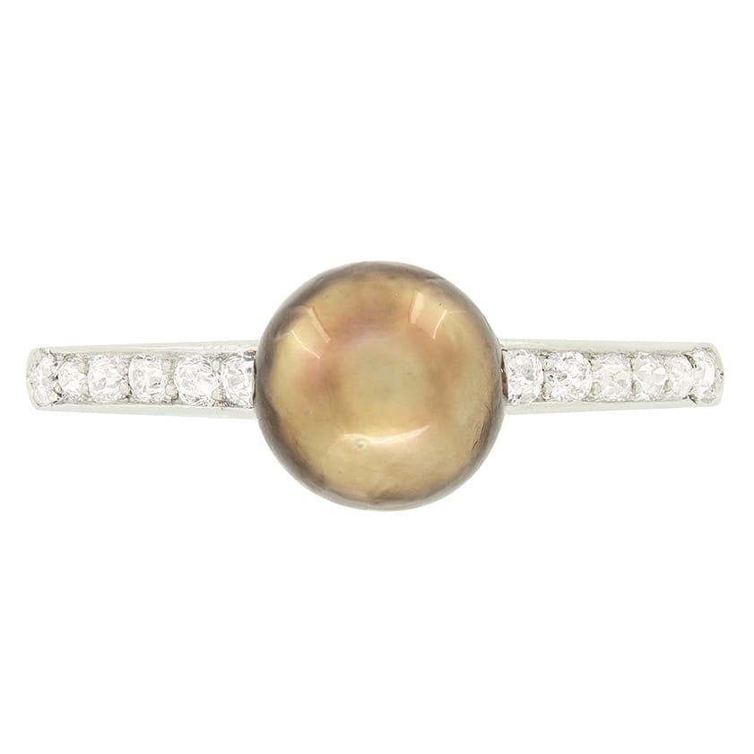 Edwardian Natural Tahitian Pearl and Diamond Solitaire Ring, c.1910s