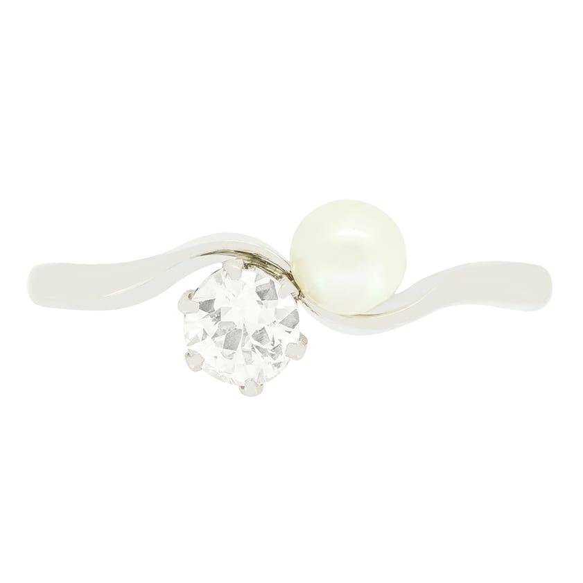 Art Deco 0.35ct Diamond and Pearl Two Stone Twist Ring, c.1930s