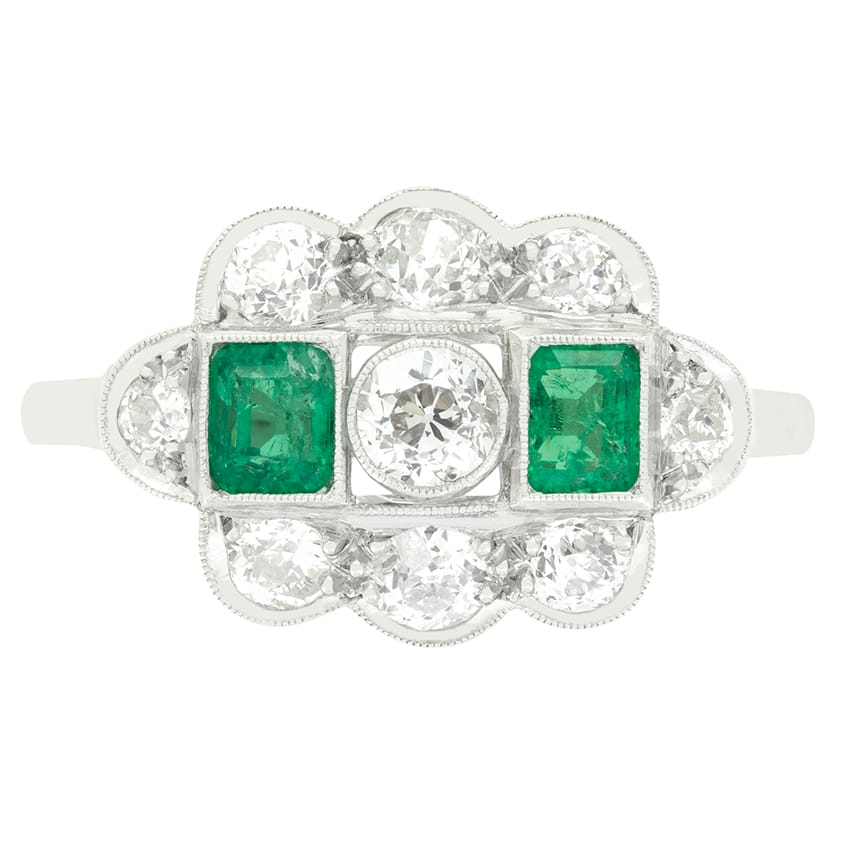 Art Deco 1.05ct Diamond and Emerald Cluster Ring, c.1920s