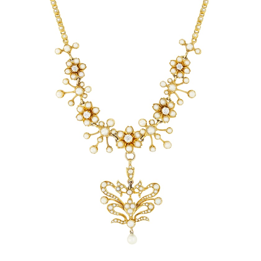 Victorian 0.95ct Diamond and Pearl Necklace, c.1880s