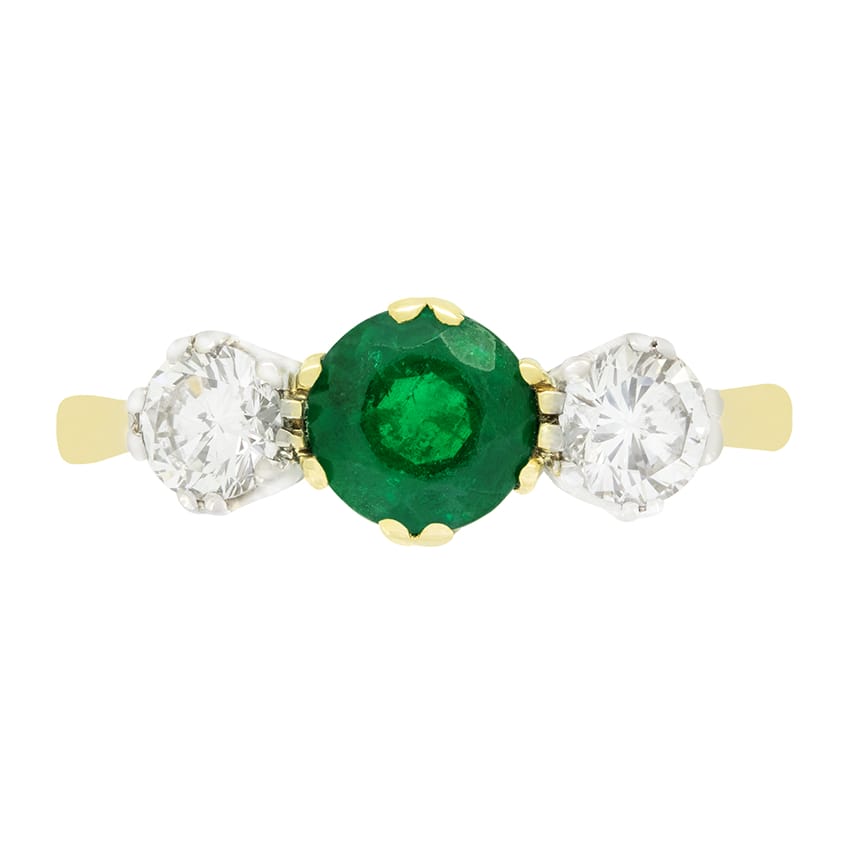 Vintage 0.80ct Emerald and Diamond Three Stone Ring, hallmarked 1986