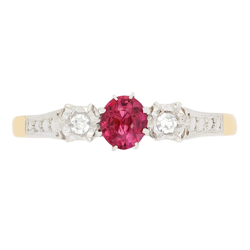Late Deco 0.30ct Ruby and Diamond Trilogy Ring, c.1940s